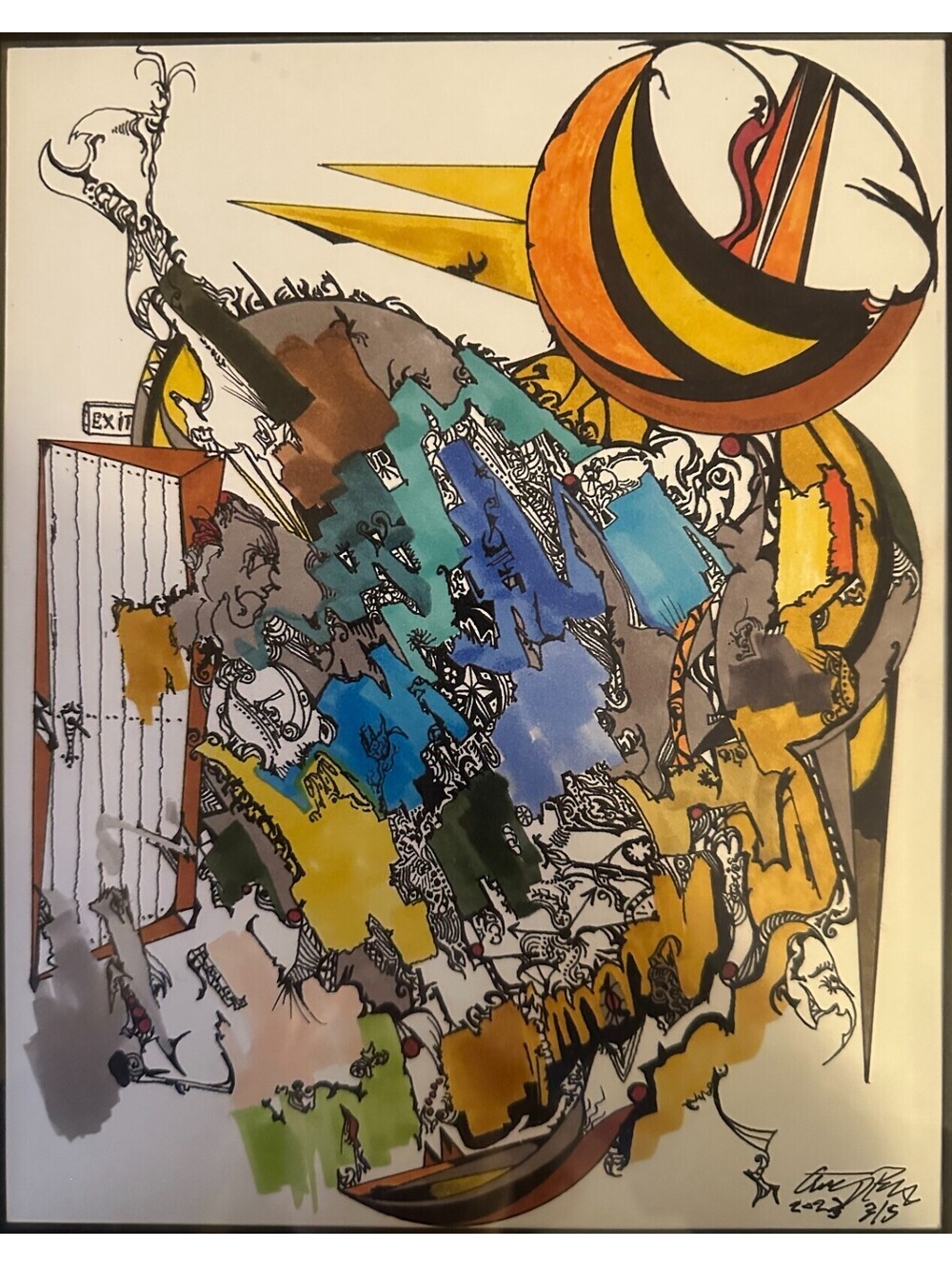 Large Colorful Abstract Painting Signed Framed Modern Contemporary Art 16x13